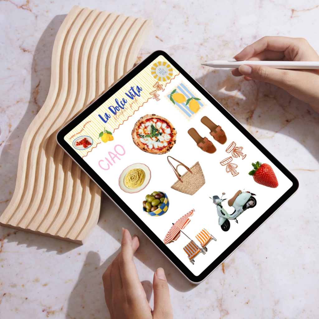 A digital planner open on an iPad, decorated with stickers